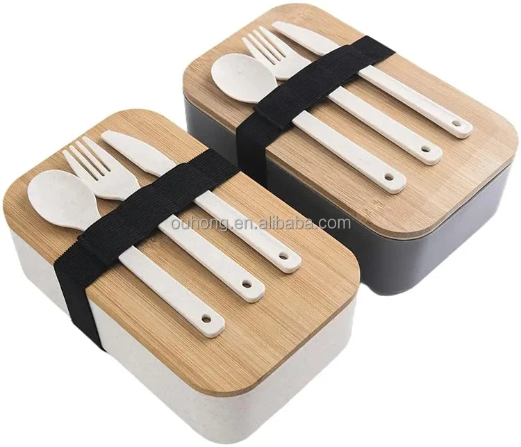 Popular Bpa-free Japanese Bento Work Lunch Box With Bamboo Lid for Adults Kids Leak-proof Lunch Boxes Container Includes Cutlery