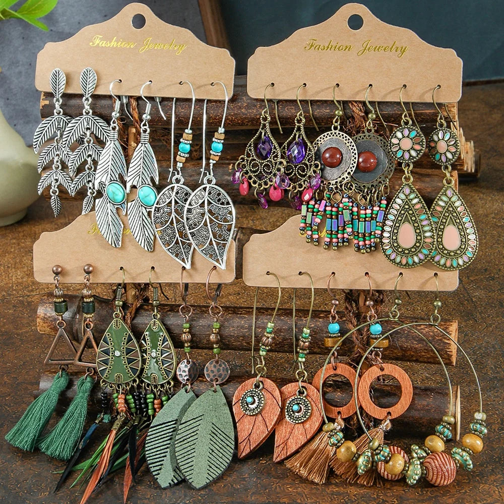 Ethnic Style Retro Anti Silver Gold Plated Water Drop Leaf Pendant Vintage Boho Earring Set Jewelry for Women