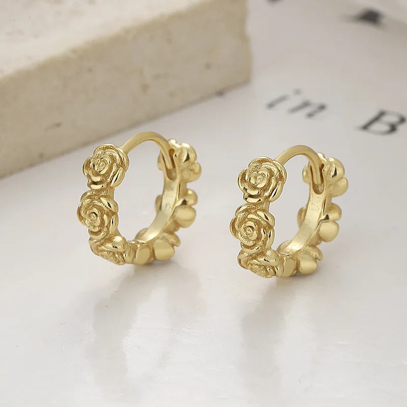 Fine Jewelry Earrings 925 Silver Flower Earrings Rose Wreath Garland Gold Plated Hoop Earrings Women