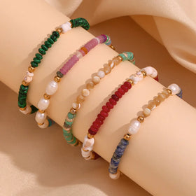 Hot Selling Personality Stone Pearl Handmade Bracelet BOHO Style 18K 316L Stainless Steel Natural Stone Chain Bracelet