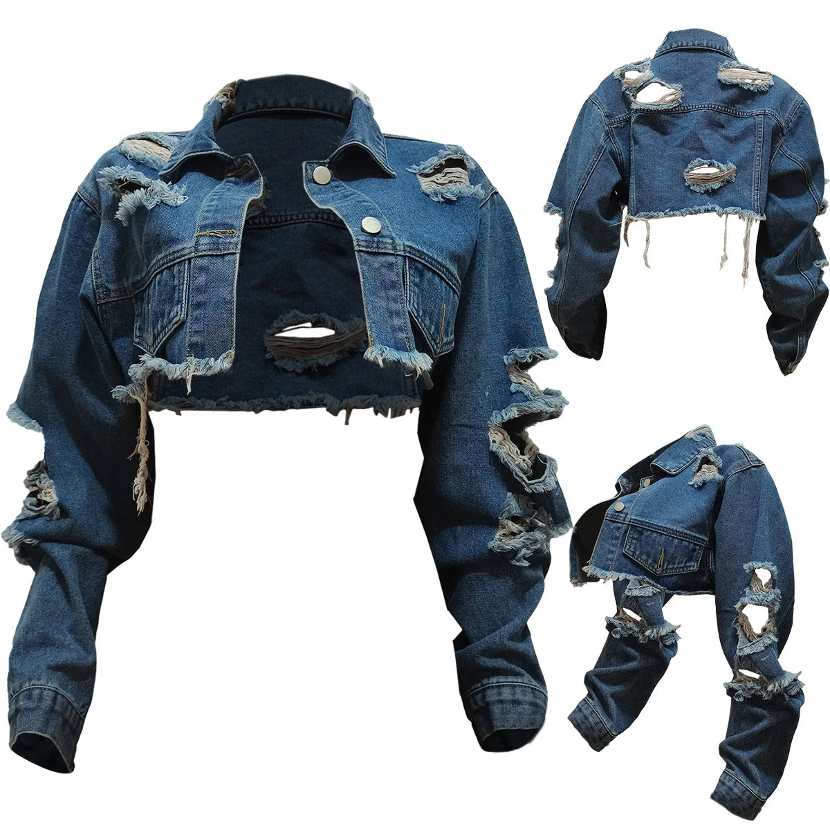 S-XXL European and American Fashion New Women's Summer Coat Irregular Denim Tattered Jacket Casual Washed Pocket Jacket