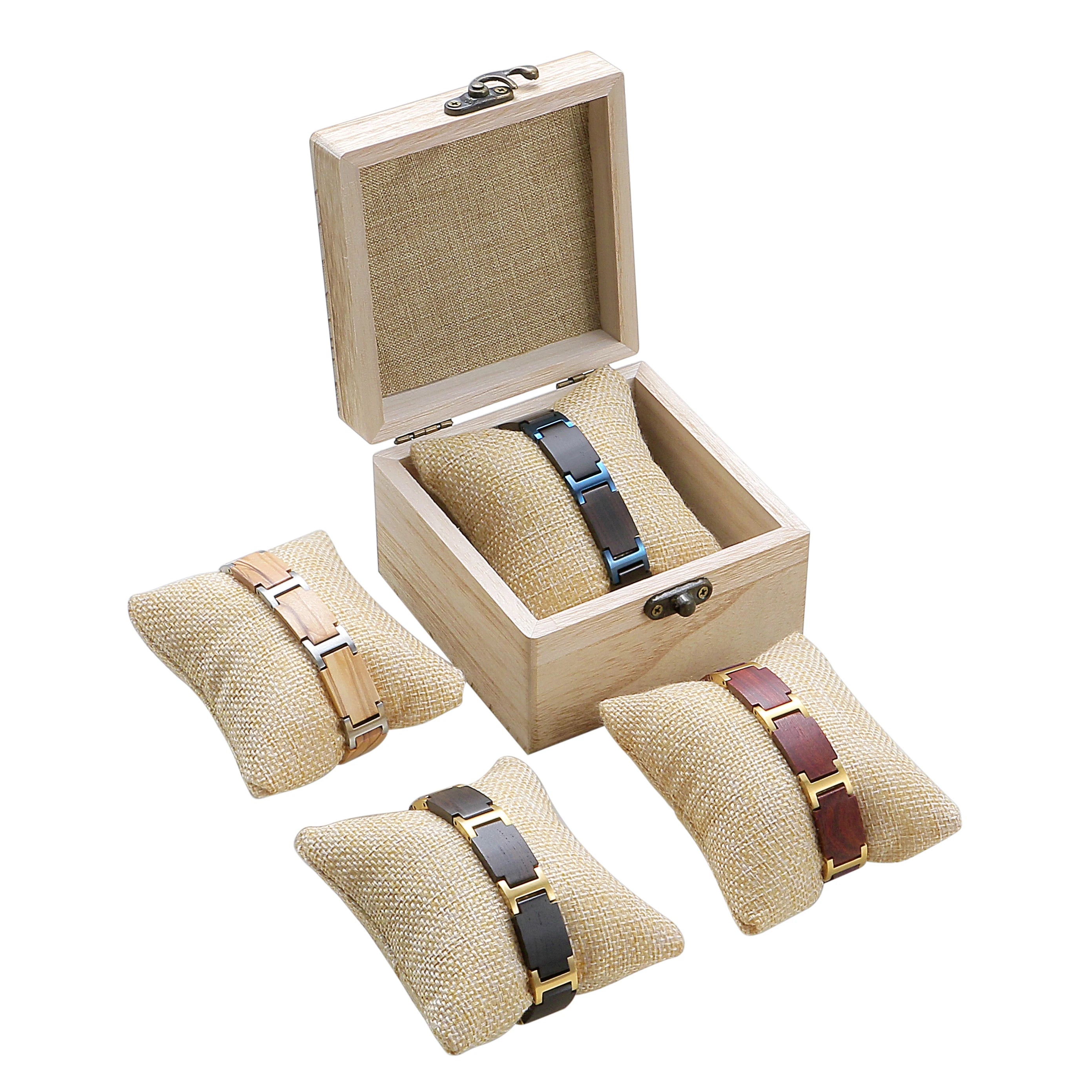 New Arrival Christmas Gift Custom Logo Adjustable Size Come with Wooden Box and Tool Mens Stainless Steel Wood Bracelet