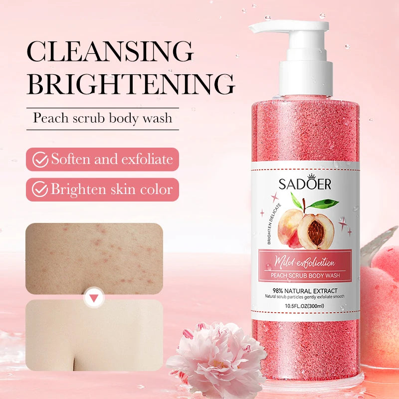 Wholesale SADOER Deeply Cleansing Skin Care Bath Lotion Brightening Peach Scrub Shower Gel for Body Wash MegaBDM