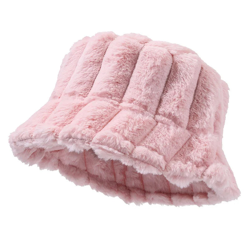 Fashion Solid Color Striped Thickened Warm Hat Autumn and Winter Plush Female Bucket Hat Custom logo Causal Bucket Hat