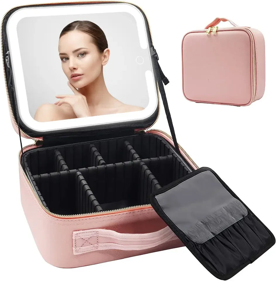 New Large Capacity Desktop Cosmetic Storage Box Waterproof Leather Travel Portable Makeup Bag Case With Led Light Mirror