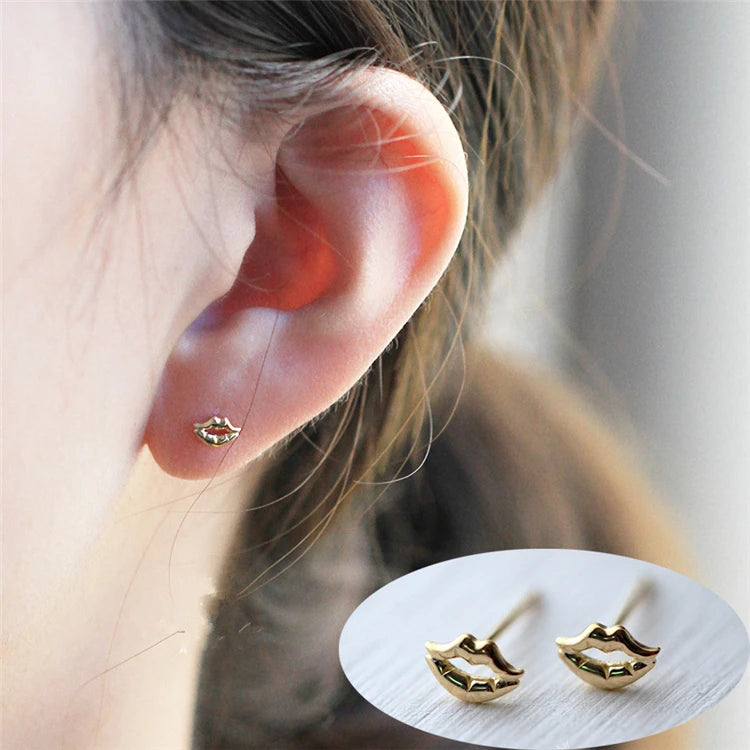 Gold Plated 925 Sterling Silver Tiny Korean Women Lip Earrings