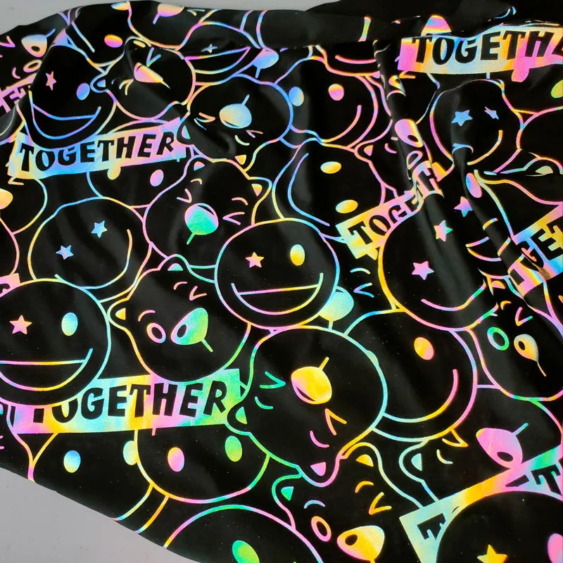 Hi Viz Rainbow Iridescent Color Smiling Face Reflective Polyester Spandex Stretchy Knitted Fabric for Kids Ladies Women Garment