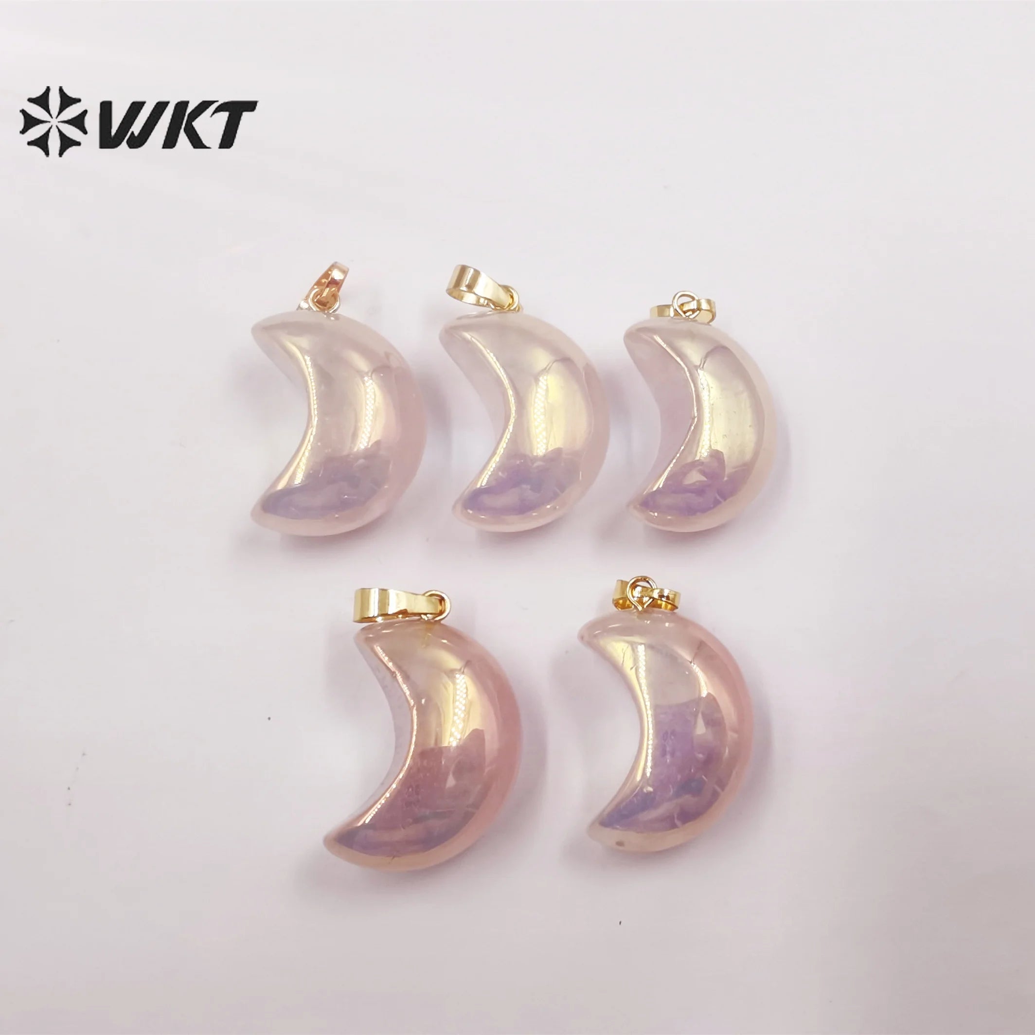 WT-P1826 WKT Newest Fashion Aura Rose Quartz Moon Stone Pendant Lady Small Size Natural pink Stone Moon Necklace Pendant