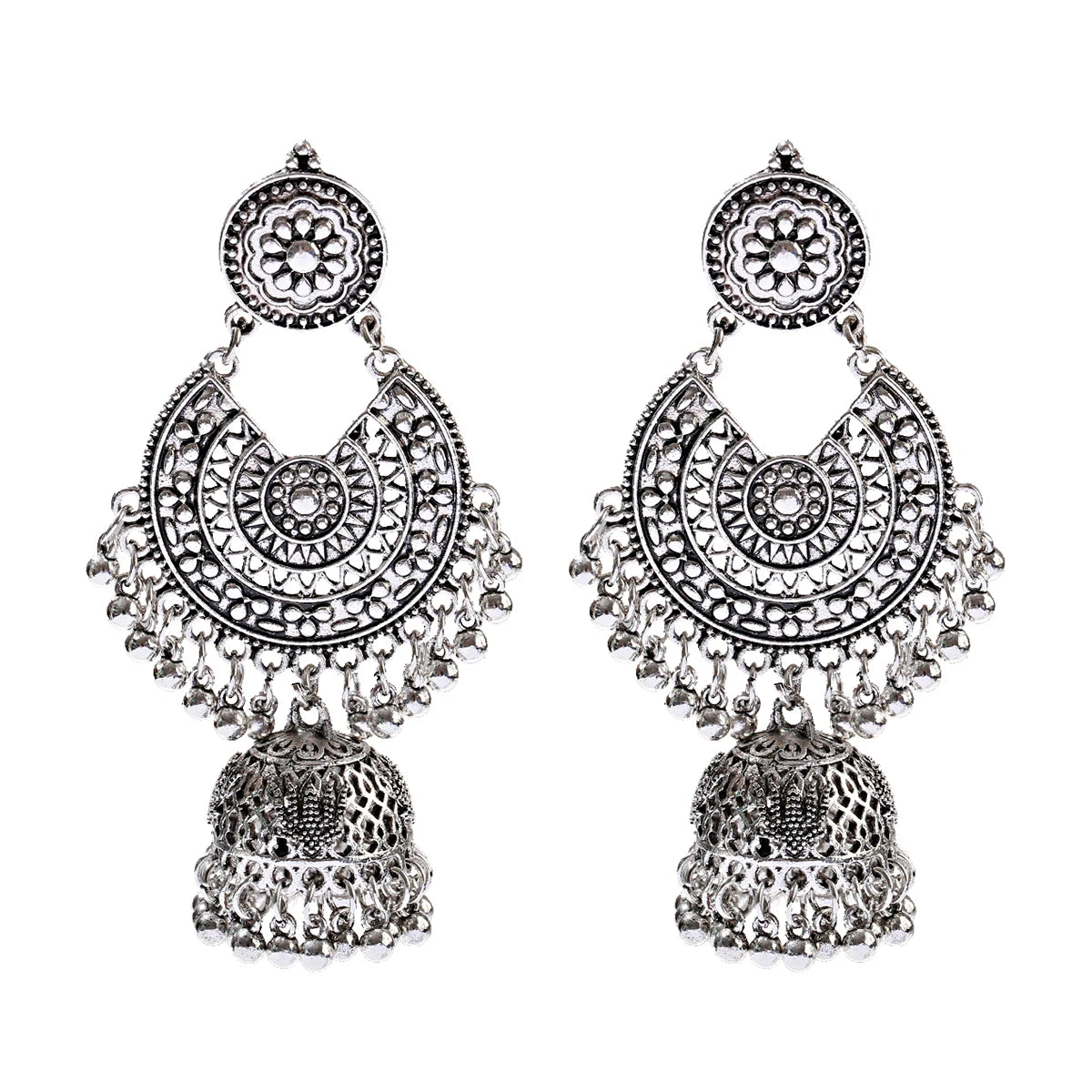 Ethnic Hollow Alloy Silver/Gold Plated Drop Earrings with Vintage Bell Flower Tassel Design Religious Style Indian Jewelry