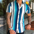 RNSHANGER Summer Men Shirt Classic Vertical Striped Hawaii Buttons Short Sleeve Shirt Streetwear Turn-down Collar Shirts