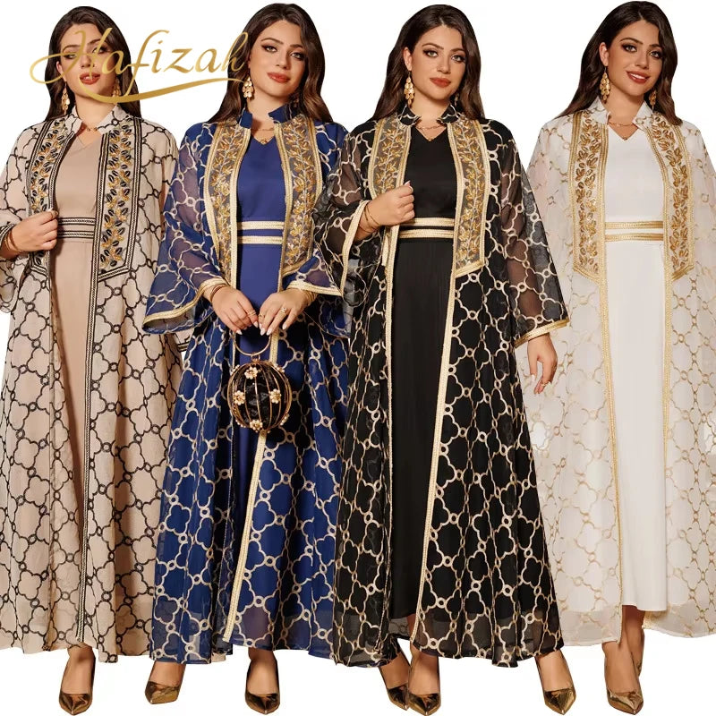 Hafizah 2026 Dubai Luxury Multi Color Gold Geometric Print Muslim Abaya With Inner Dress Modest Outfit