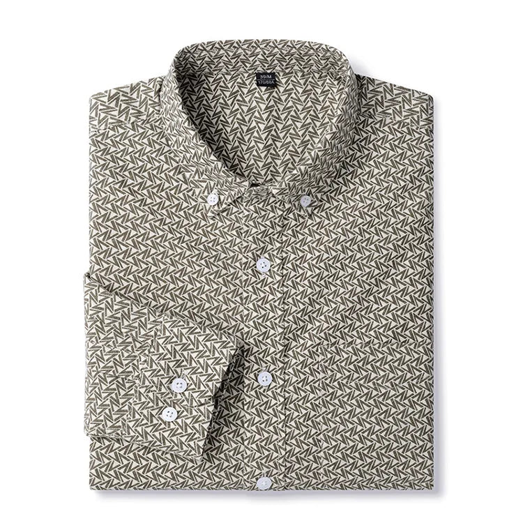 RNSHANGER Trends Casual Long-sleeve Shirts for Men Regular-Fit Button-Down Fashion Print Shirt 100% Cotton Social Male Shirt