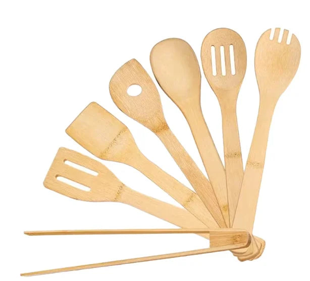 7 PCS Bamboo Wooden Cooking Utensils Set Kitchen Dinner Tools Including Spoon and Spatula Housewarming Gifts