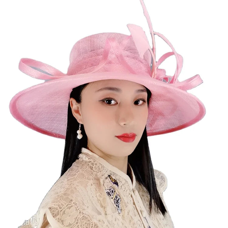 Fashion Women 5 Colors Sinamay Flower Feather Wide Brim UV protection Sun Hat Kentucky Derby Church Wedding Party Hat