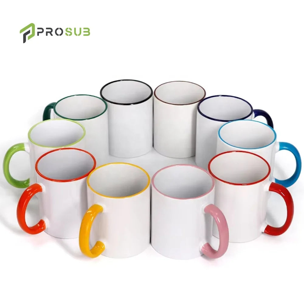 Prosub Wholesale 11oz Rim Colors Sublimation Blank Mug Diy Custom Print Ceramic Cup With Handle