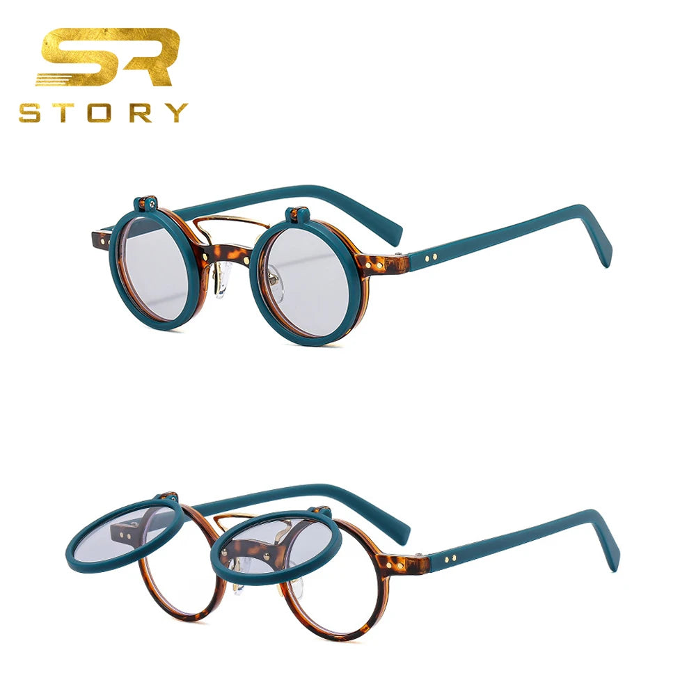 STORY W192 Retro Punk Flip Shades Sunglasses Men Women Brand Small Rivet Vintage Steampunk Round Flip Sunglasses Male