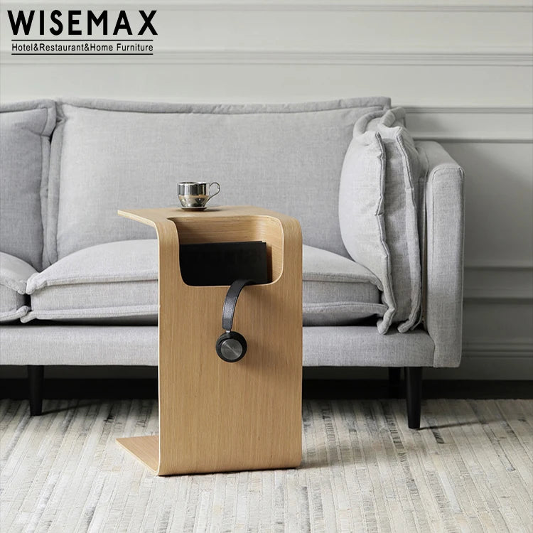 WISEMAX FURNITURE Modern C Shape Design Sitting Room Sofa Side Table Small Wooden Coffee Table with Storage Function