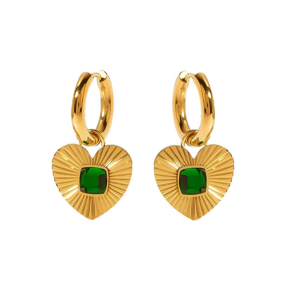 Vintage Stainless Steel 18K Gold Plated Square Green Zircon Love Pendant Trendy Drop Earrings Unisex Jewelry Gift