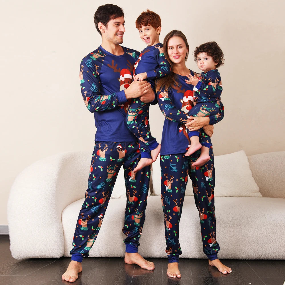 Comfortable Cotton-like Elastic Waist Knitted Matching Set Sleepwear Adult Kids Family Autumn/Spring Christmas Pajamas