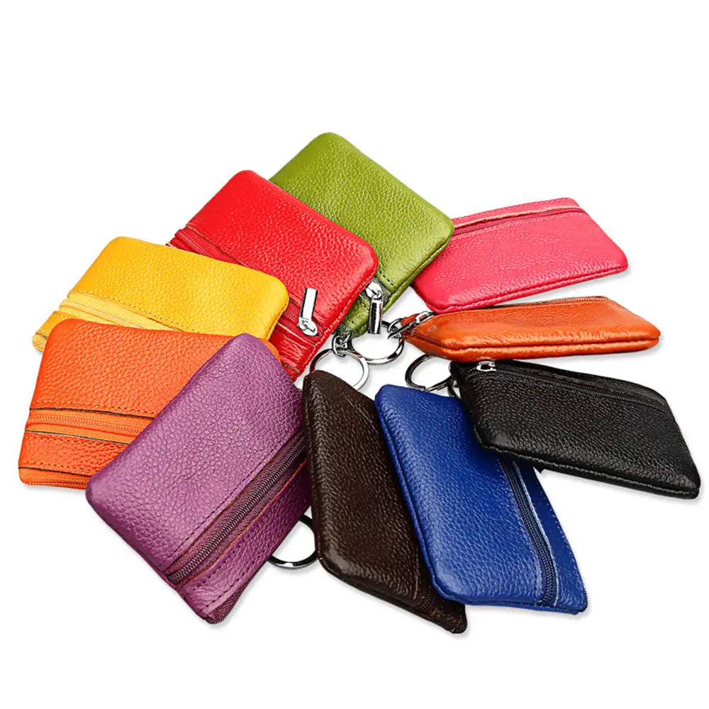 Wholesale or Custom Soft Genuine Leather Mini Zipper Pocket Women Coin Purse Wallet with Keychain