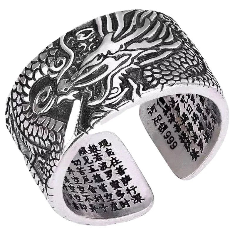 Retro Thai Silver Fashion Dragon Men's Ring Opening Ring Panlong Buddhist Heart Sutra Ring Good Luck Ring