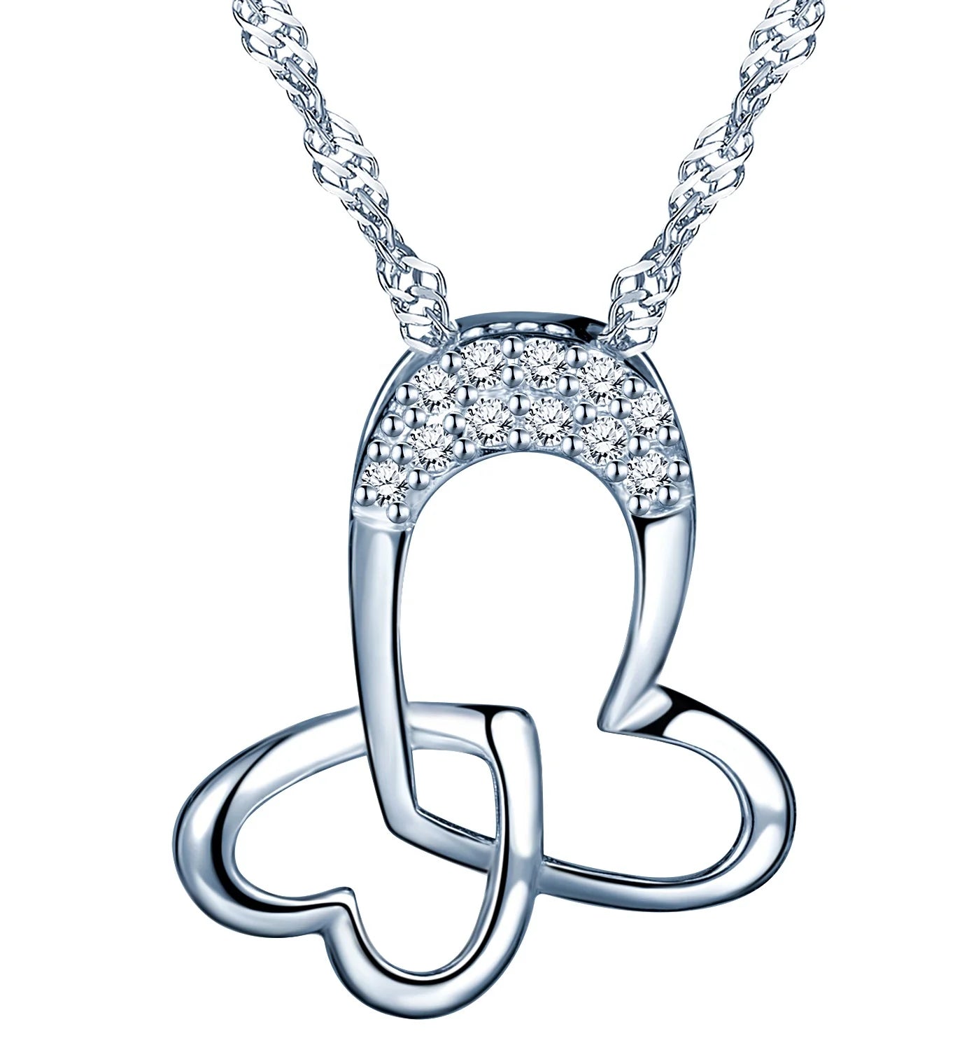 Lovely Dual Heart Butterfly Design S925 Silver Irregular Hollow Women's Pendant Necklace Jewelry