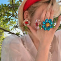 HOVANCI 3 Exaggerated Colorful Crystal Flower Earrings Rhinestones Big Flower Bloom Rings for Women Party Jewelry Gifts