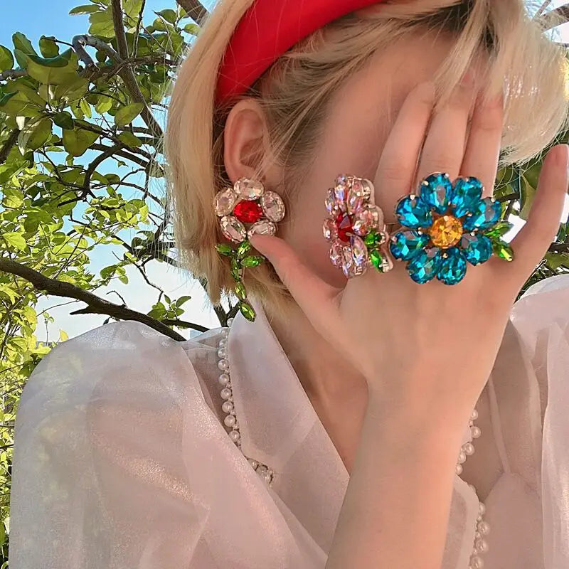 HOVANCI 3 Exaggerated Colorful Crystal Flower Earrings Rhinestones Big Flower Bloom Rings for Women Party Jewelry Gifts