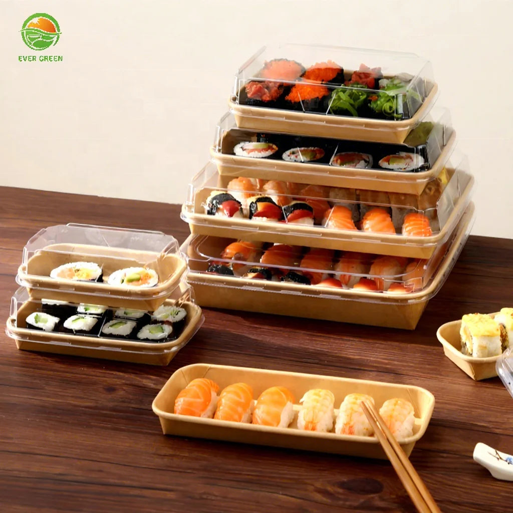 100% BPA Free Food Tray Takeaway Sushi Container Recyclable Kraft Paper Sushi Sashimi Tray Japanese Style Takeout Packaging Box