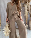 Summer White Two Piece Set for Women V Neck Bat Sleeve Top Casual Loose Lace up Wide-leg Pants 2 Piece Suit Home Outfits Women's