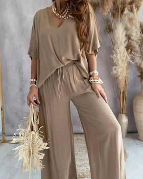 Summer White Two Piece Set for Women V Neck Bat Sleeve Top Casual Loose Lace up Wide-leg Pants 2 Piece Suit Home Outfits Women's