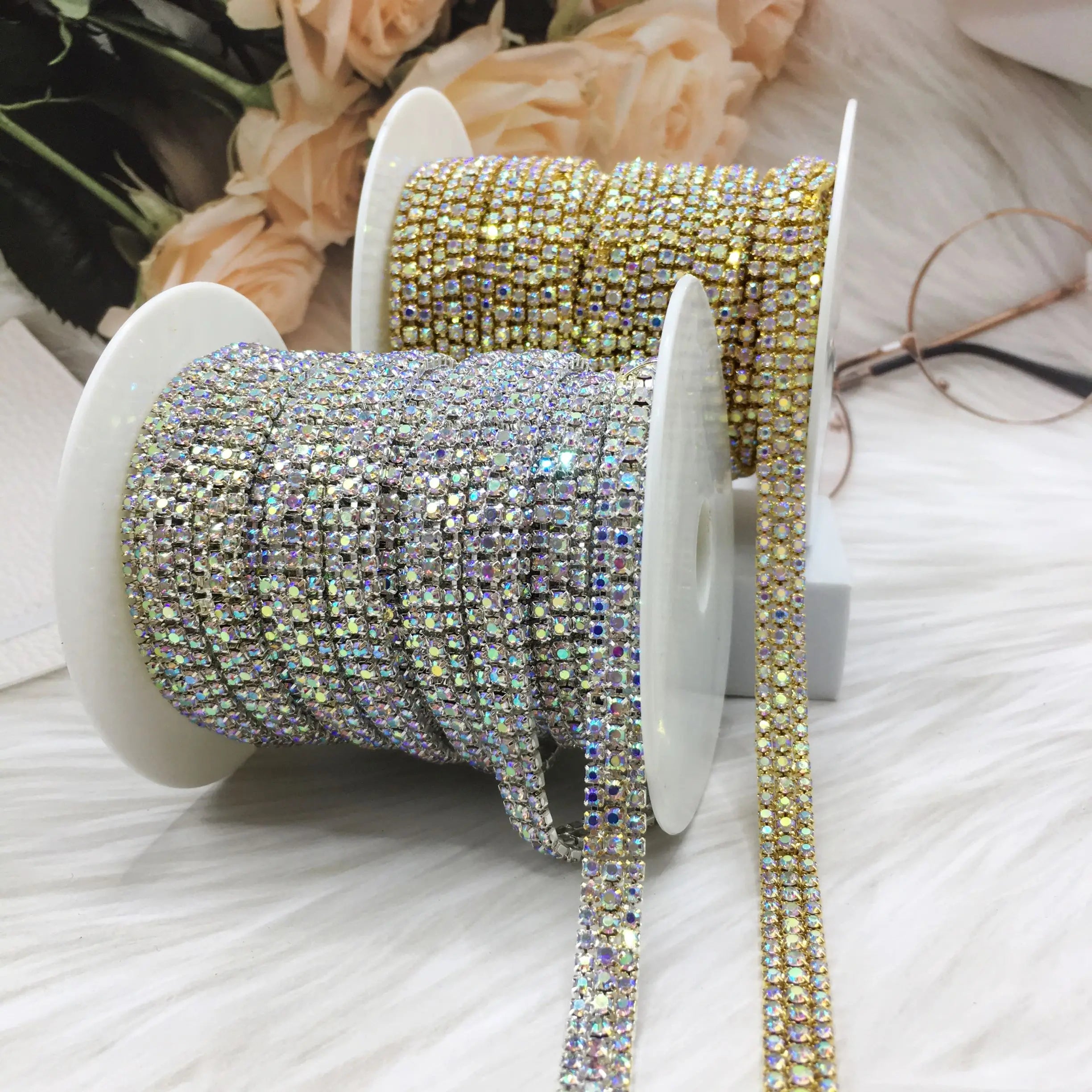 SINRONG AB Color Gold/Silver Rhinestone Cup Chain 3 Rows SS8+SS12+SS8 Accessories Clothes Sew-on Metal Glass