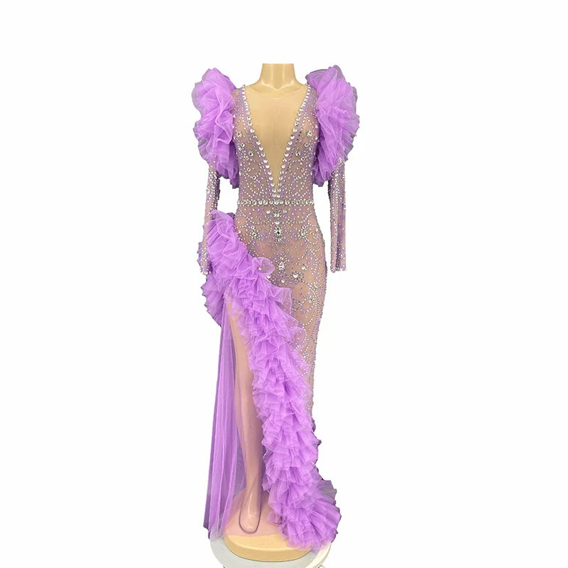 Purple Lavender Lilac Colour Girl Mermaid Prom Dress Sexy Feather Lace Applique Formal Party Long Gown Evening Dresses