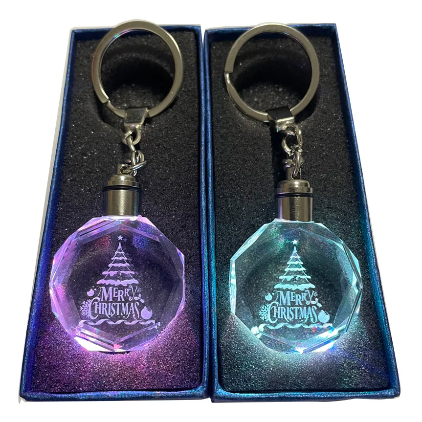 Fast Delivery Christmas Tree Keyring Custom Led Hanging  Custom Light Stainless Steel Glass Crystal Christmas Keychain for Gift