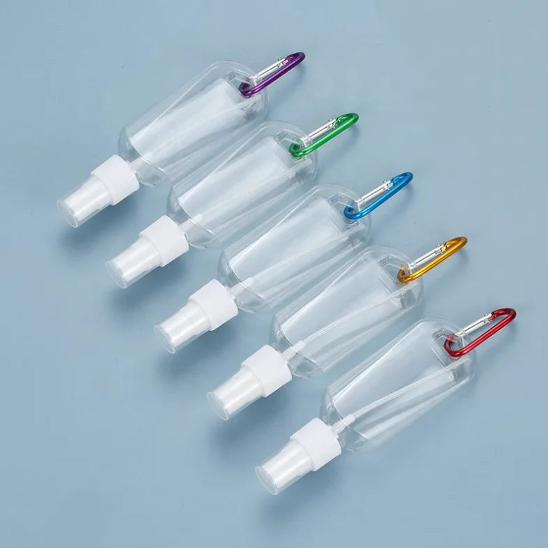 Factory Stock 50ml 2oz Oval PETG Plastic Carabiner Hand Sanitizer Gel Dispenser Pump Sprayer Metal Keychain Screen Printed