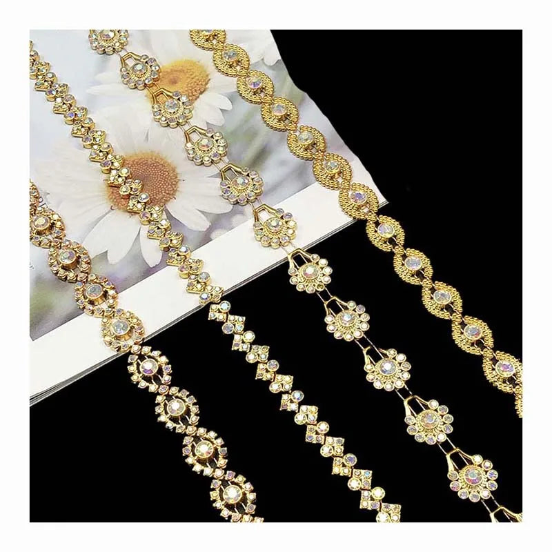 Diy Garment Sewing Accessories Gold Plated Lace Crystal Glass Drill Rhinestones Chain Craft Shoes Hat Stage Costume Trim Lace