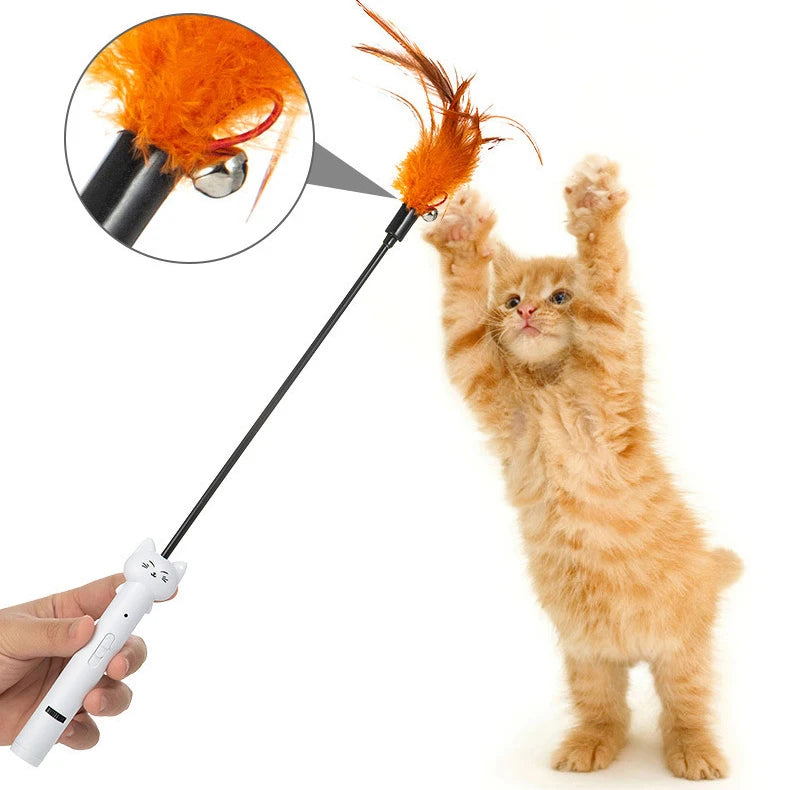 Charging Infrared Laser Pattern Cat Teasing Stick Realistic Feathers Pet Interactive Toy Funny Telescopic Cat Wand