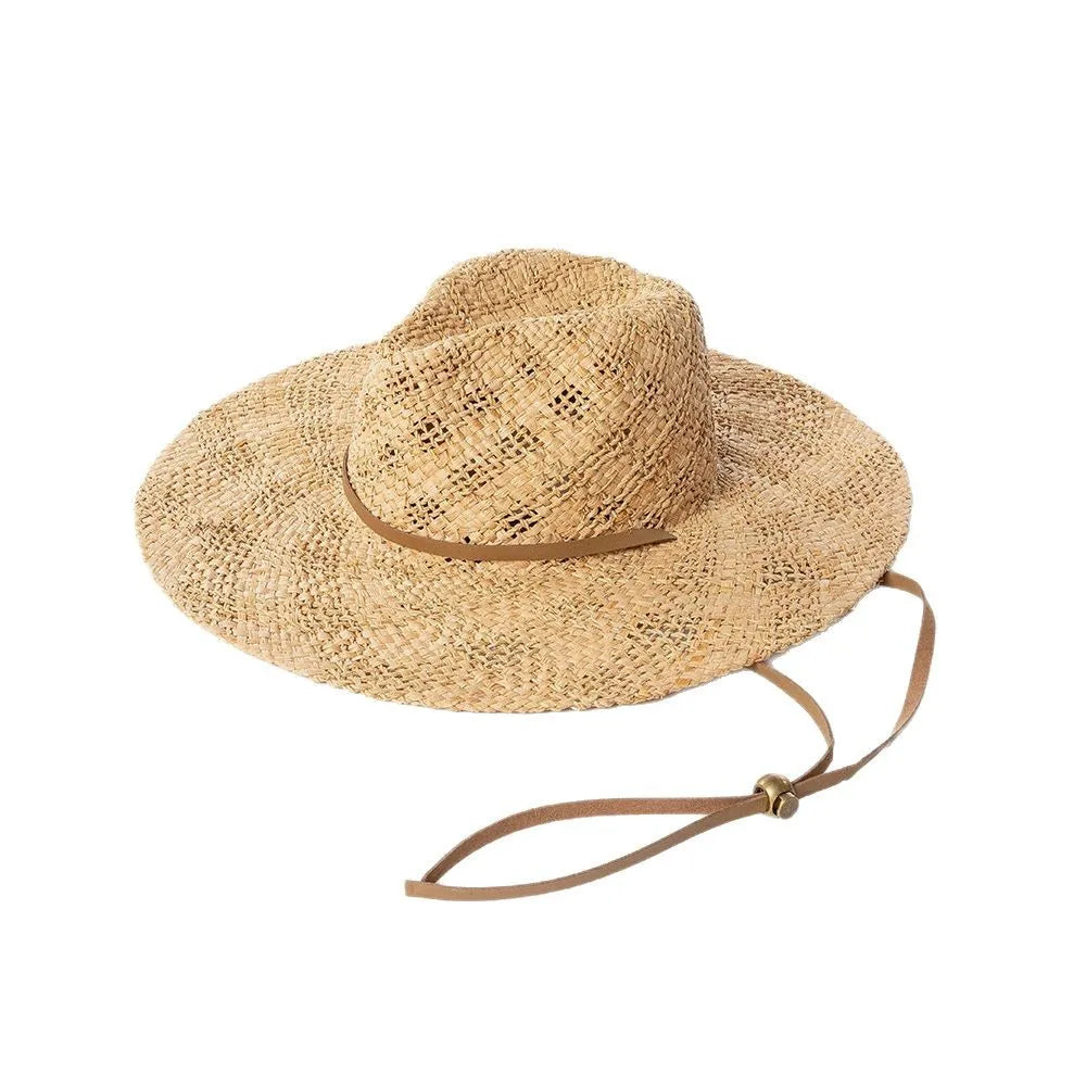 2025 Summer Trendy Fashion Women Outdoor Beach Sun Hat Hand Woven Natural Raffia Straw Fedora with PU Leather Strap Big Brim