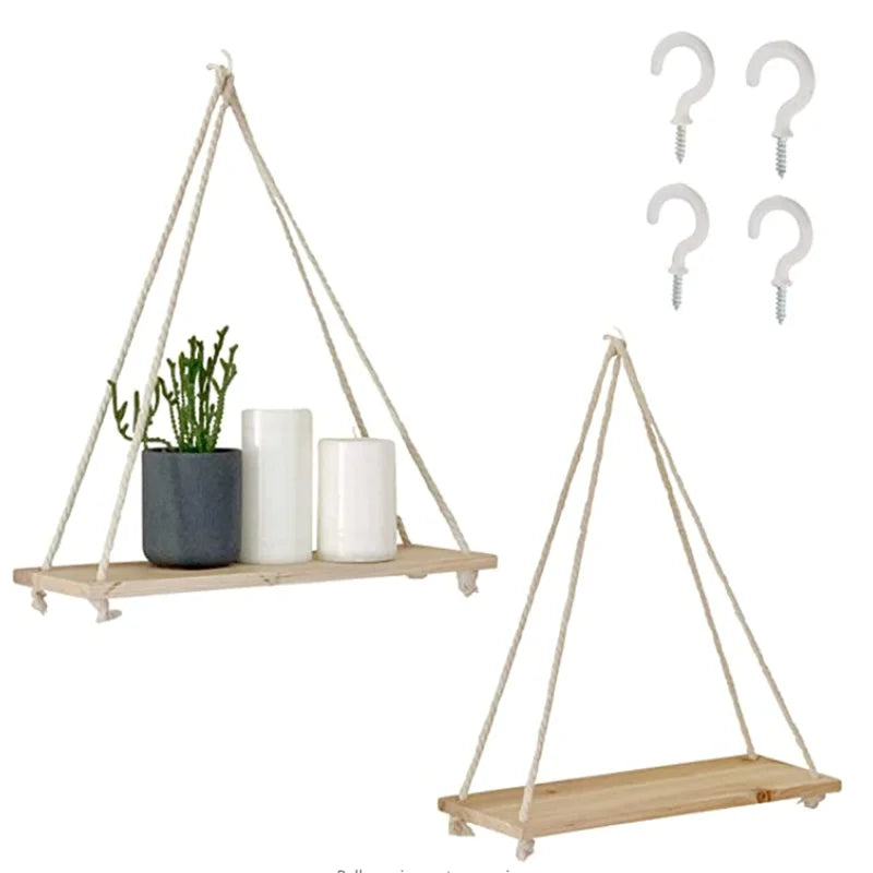 Customized Size Hanging Shelves Rustic Wood Wall Shelves Set of 2 with Hooks