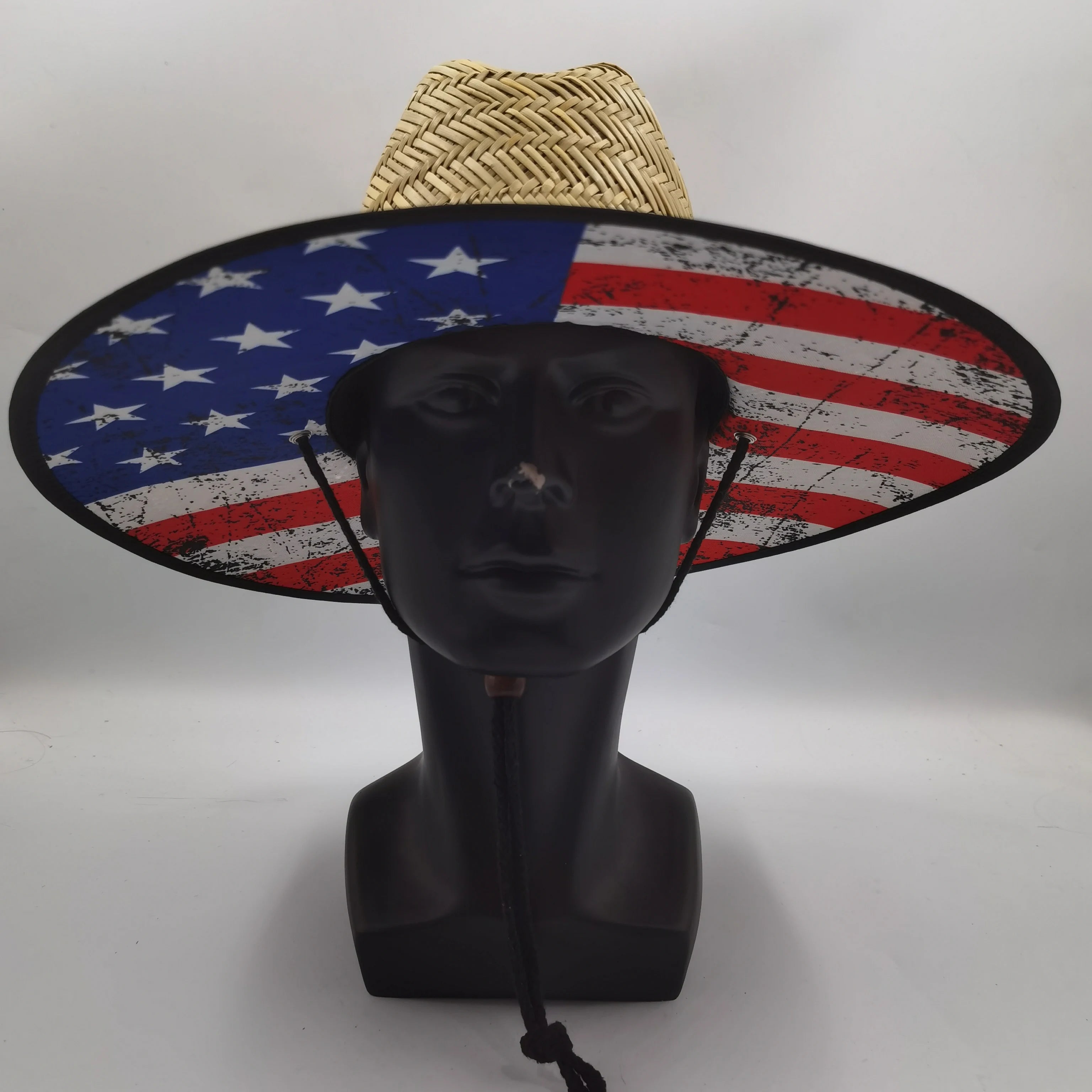 Wholesales Wide Brim Men Women Summer Printed Sun Beach Lifeguard Surf Safari Fishing Woven Usa American Flag Straw Sun Hat
