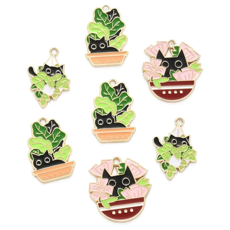 Plant with Black Cat Charms Enamel Plant Charms Potted Plant Charms for Jewelry Making Bracelets