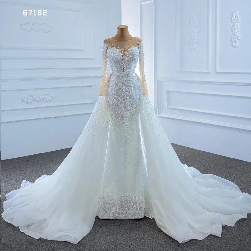 Jancember RSM67182 Princess Long Sleeve Crystal Lace Elegant Mermaid Wedding Dress Robe De Mariage