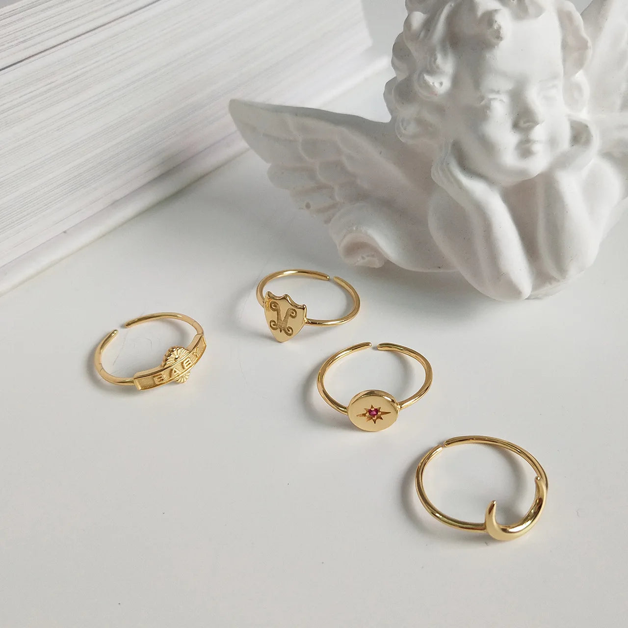 Dainty 925 Sterling Silver 14K Gold Plated Adjustable Starburst Moon Stacking Ring Set Jewelry