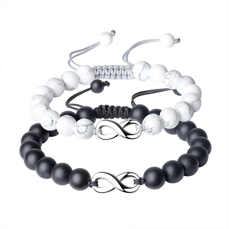 2Pcs Adjustable Children's Agate Ball Beaded Bracelets-White & Black 8mm Customized Designs Casual/Sporty Anniversary Gift MegaBDM