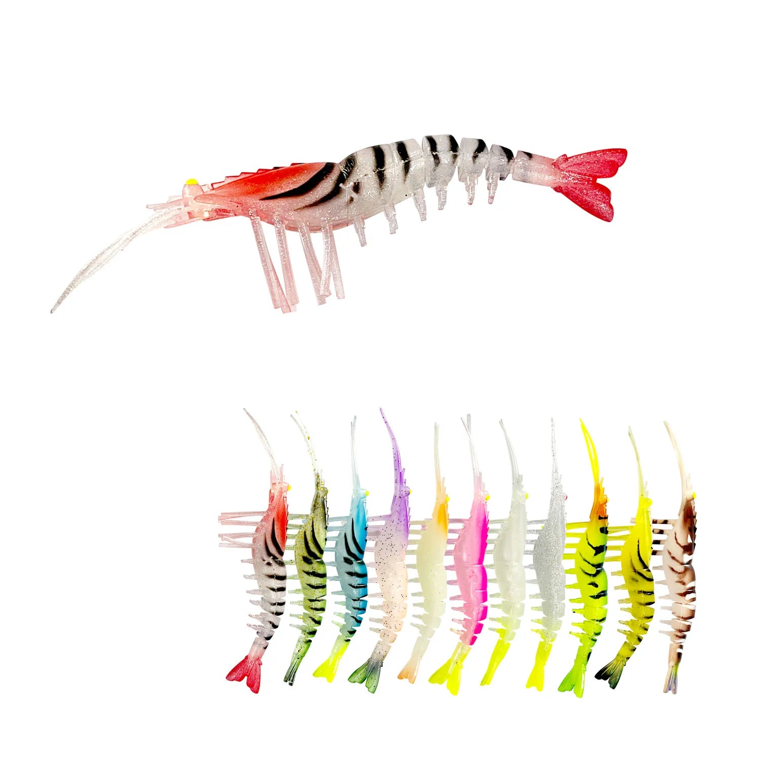 Afishlure Pesca 100mm 7g 5pcs Soft Shrimp Lure TPE Material Section Shrimps with Fiber Mesh Luminous Fishing Lures Without Hook