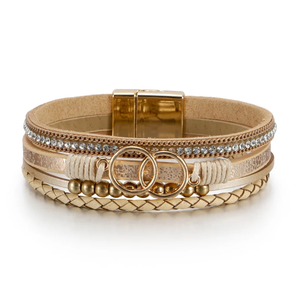 Fashion Boho Leather Cuff Bracelet Gold Beaded Bracelet Women Stackable Bracelet Jewelry With Magnetic Buckle