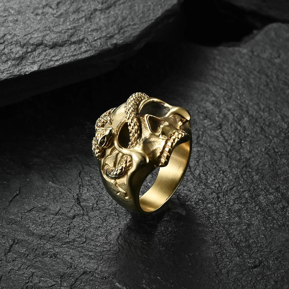Fashion Individuation Hip Hop Viper Skull Stainless Steel Rings for Men Engraved Chunky Ring Wholesale