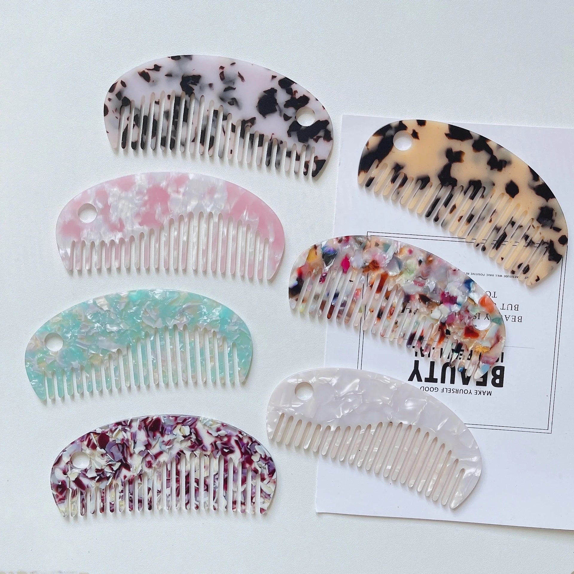 Zhejiang 12cm Portable Cute Green Wide Tooth Pink Flat Top Marble Acetate Hair Combs Eco Green Wide Tooth Hair Comb With Hole