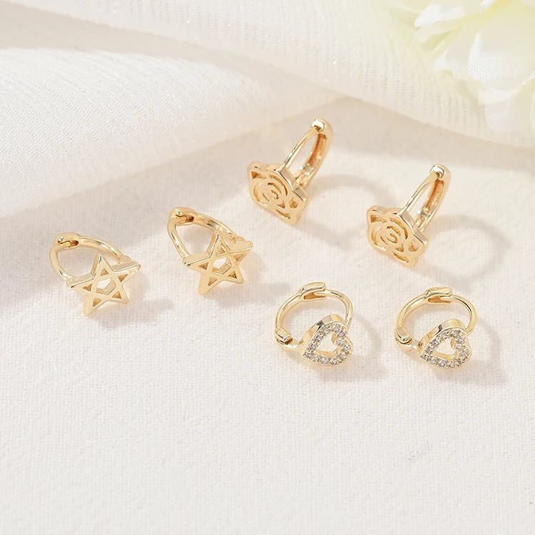 Wholesale Fashion Hollow Rose Star Hoop Earrings Zircon Hear Shaped Brass 14K Gold Plated Jewelry Small Huggie Earring
