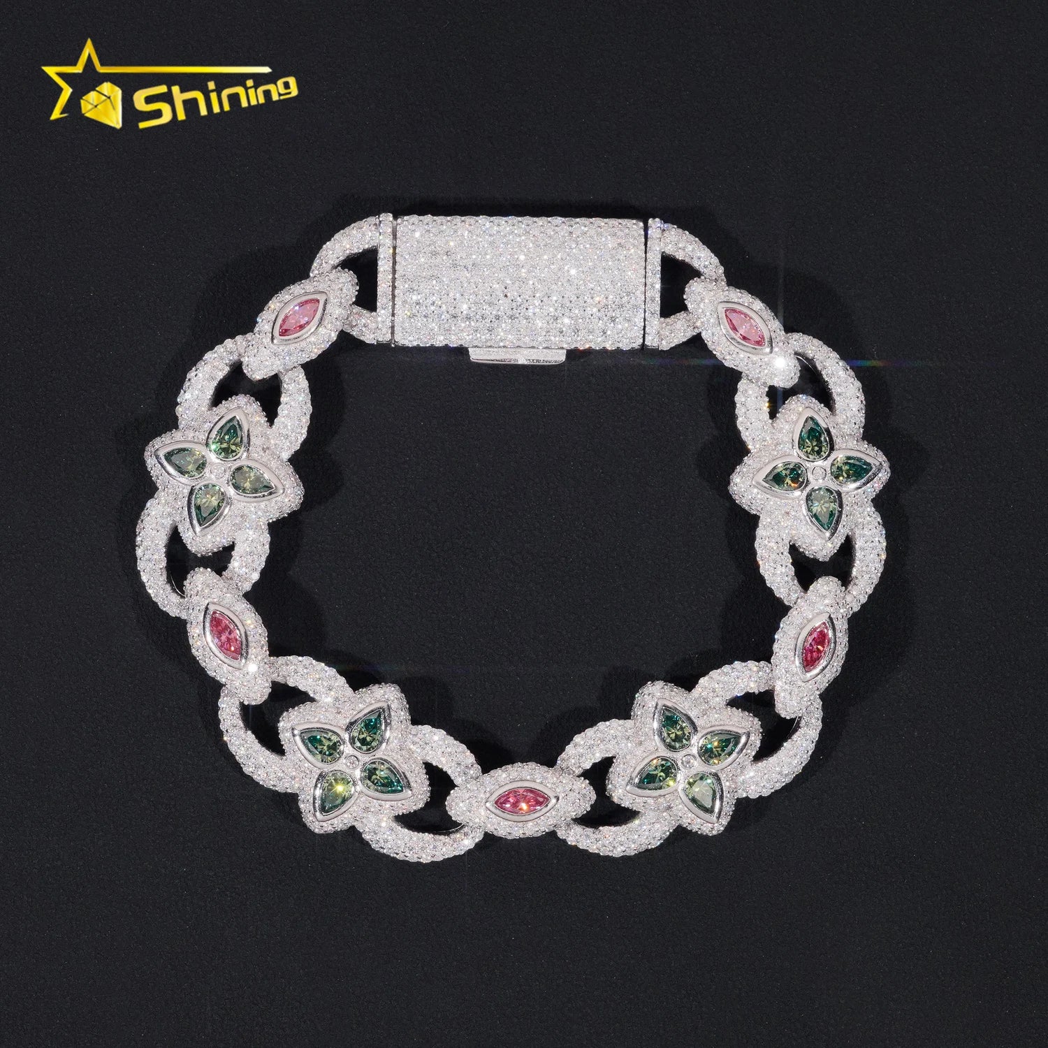 New Arrivals Iced Out Pink Blue Green Marquise Hip Hop Infinity Flower Style 925 Sliver VVS Moissanite Bracelet Men Women